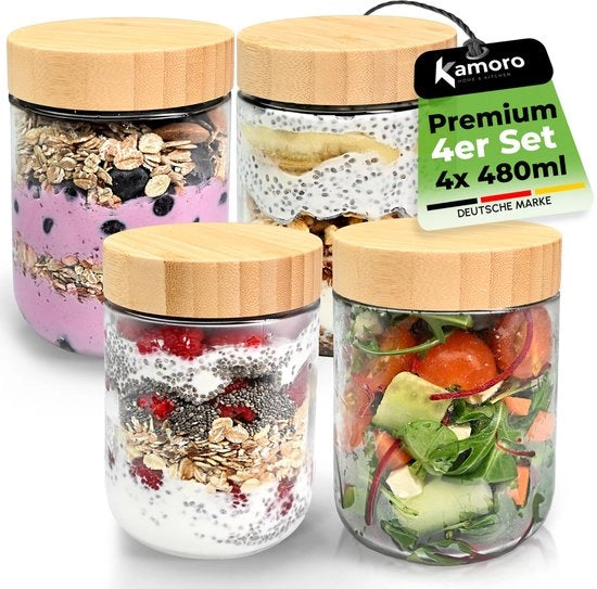 Set di contenitori in vetro per alimenti con coperchi in bambù duraturo, set da 4 pezzi