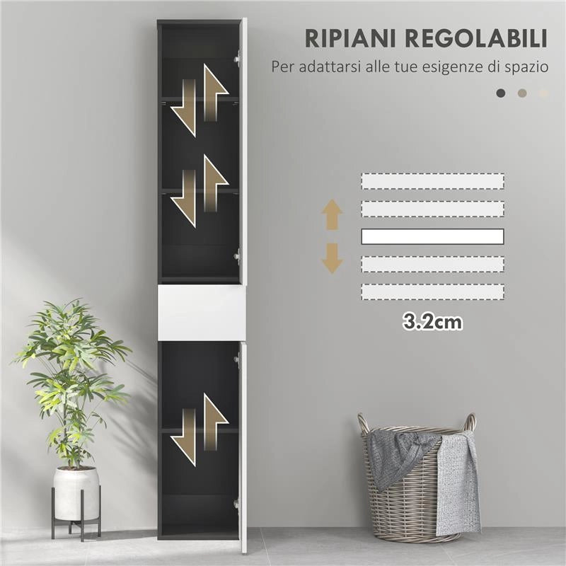 COLONNA BAGNO SALVASPAZIO IN LEGNO CON 2 ARMADIETTI E CASSETTO 30X28X180 CM NERO