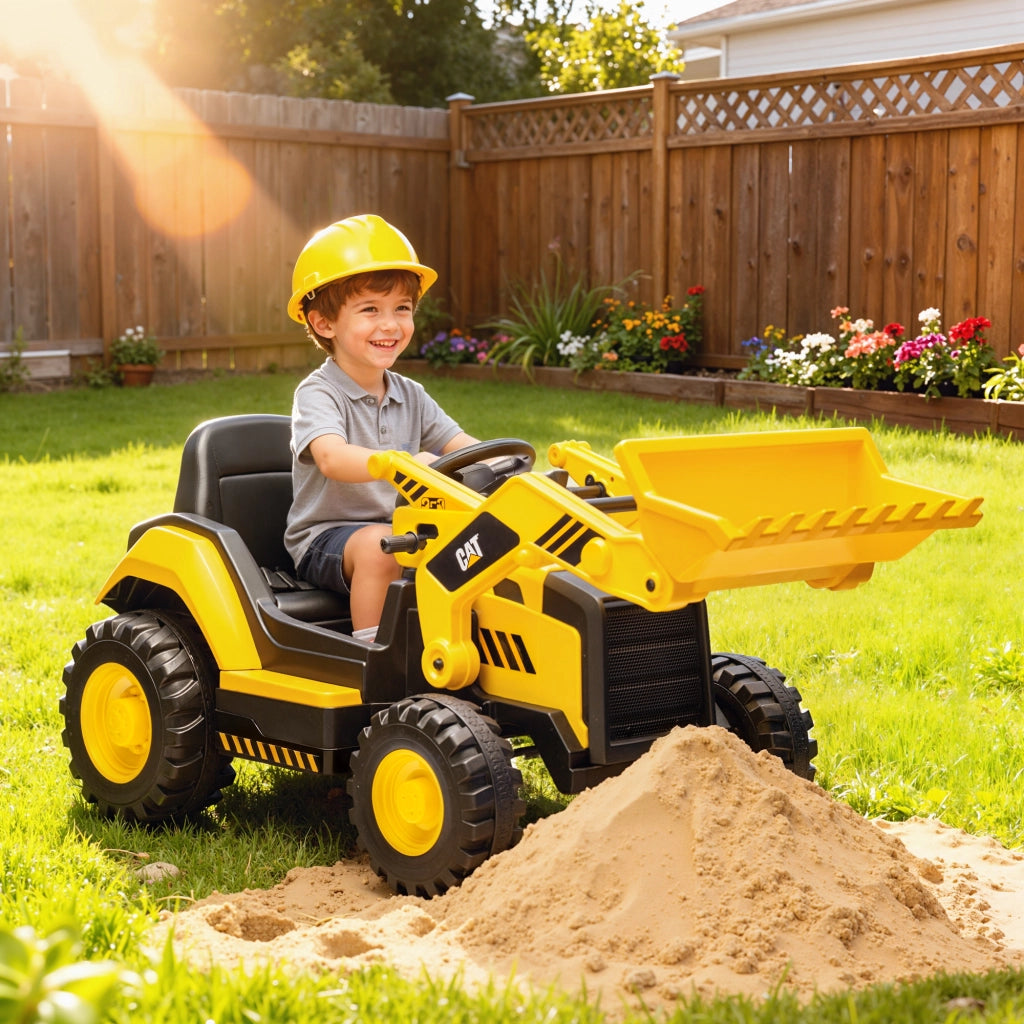 Ruspa Elettrica per Bambini 3-6 Anni Marchio Ufficiale Caterpillar 12V con Telecomando, Giallo