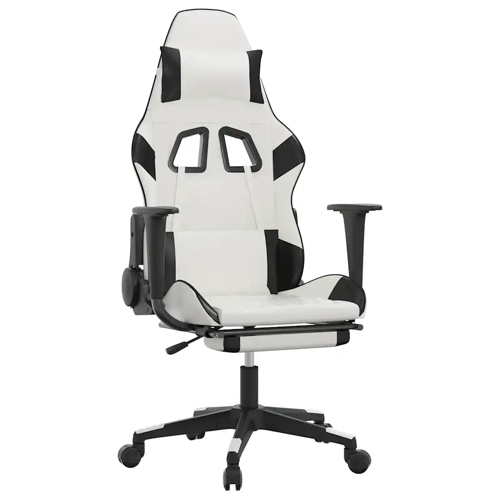 Sedia da Gaming | Sedia da e-sports Massaggio Poggiapiedi Bianco e Nero Similpelle