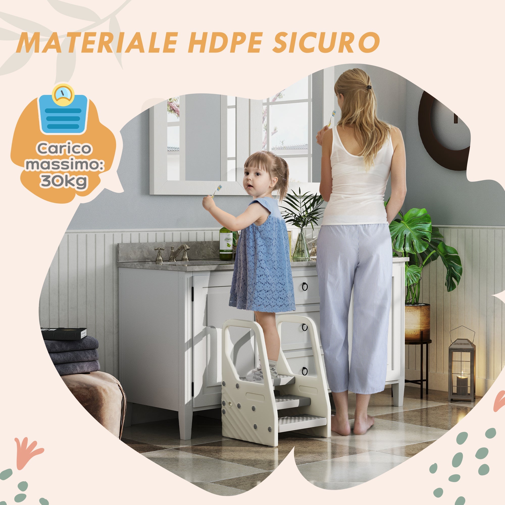 Scaletta per Bambini  3 Gradini in HDPE 43x42x65,5 cm Grigio e Bianco Crema