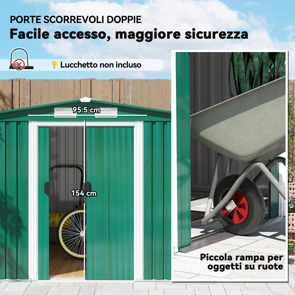 Casetta da Giardino Porta Utensili in Lamiera di Acciaio, Capanno da Giardino in Acciaio con Base e Porte Scorrevoli, 258x206x178cm, Verde