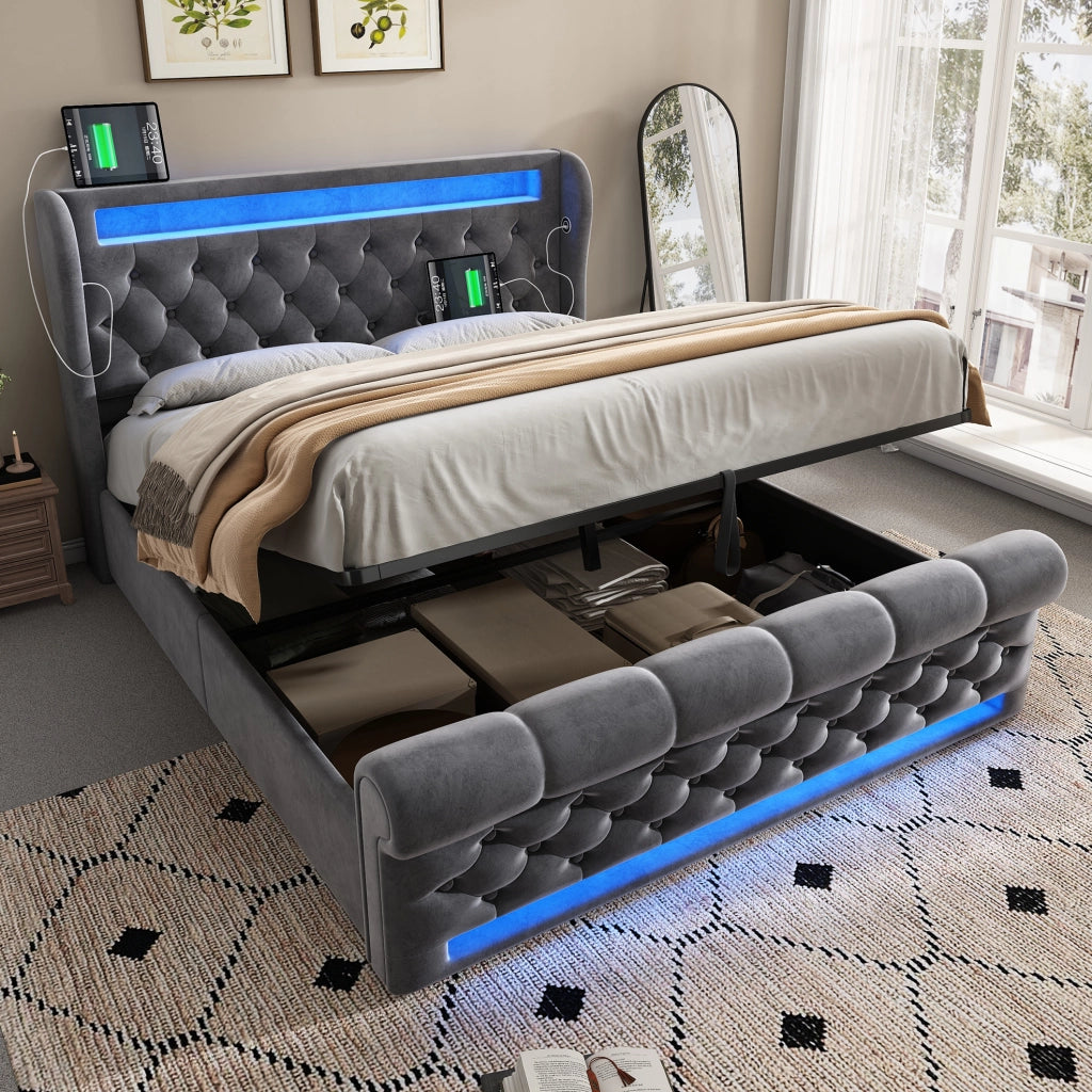 Letto imbottito con contenitore; LED; USB e Type-C; 140x190 cm; velluto grigio