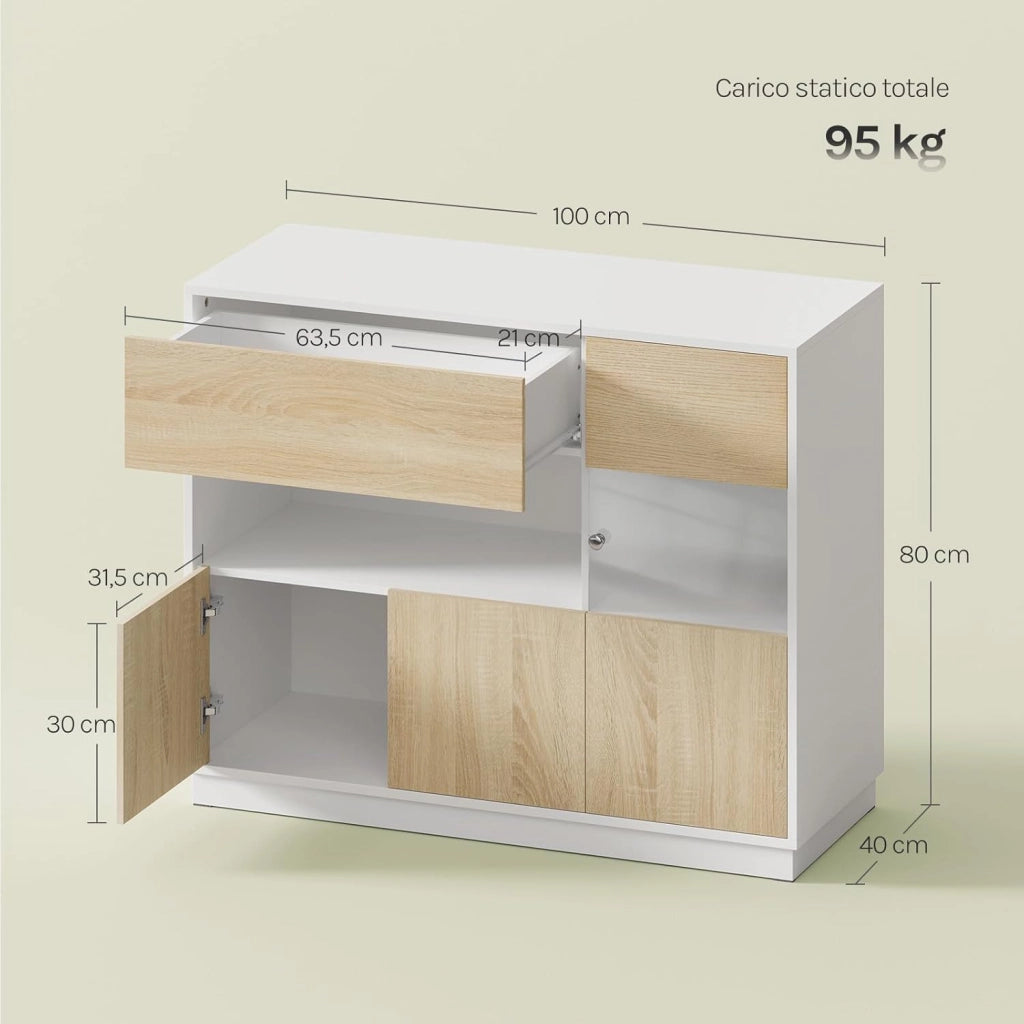 Credenza Cucina con Cassetto e Scomparti Aperto e Chiusi, Mobile Buffet con 1 Anta Trasparente, per Soggiorno, Cucina, in Legno, 100x40x80 cm, Rovere Chiaro+Bianco