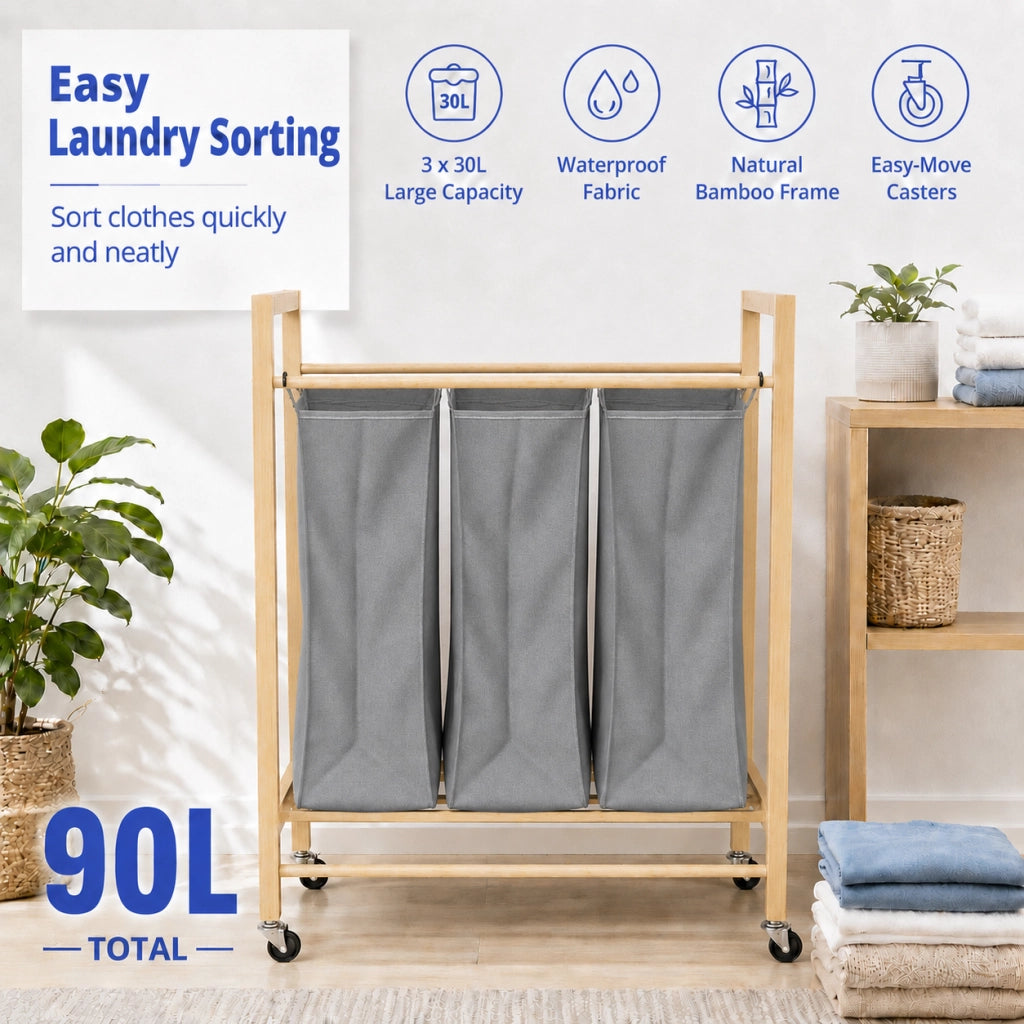 Cesto portabiancheria in bambù con 3 scomparti, 90 L, con ruote, sacco removibile, colore Carbone/Naturale