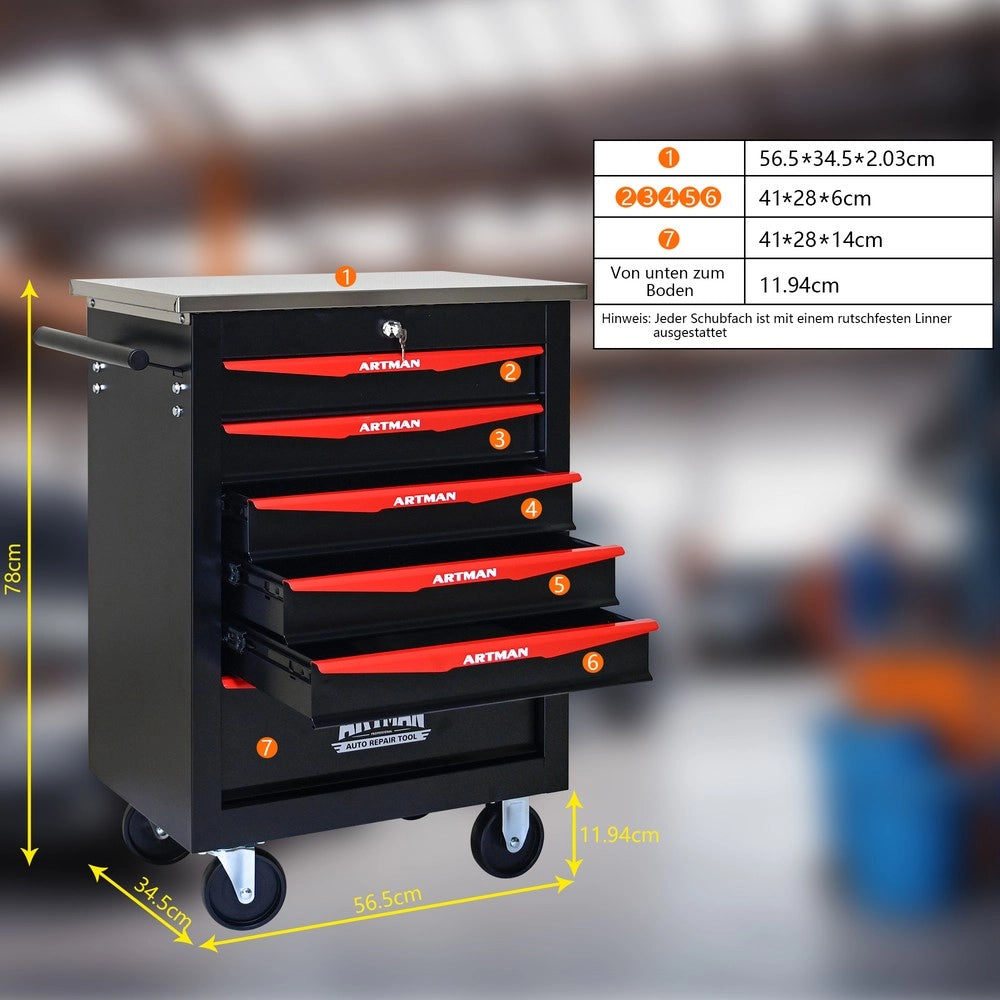 Carrello Portautensili con 6 Cassetti e Ruote ¨C MINIMAL ¨C Metallo, Piano in Acciaio, Nero e Rosso