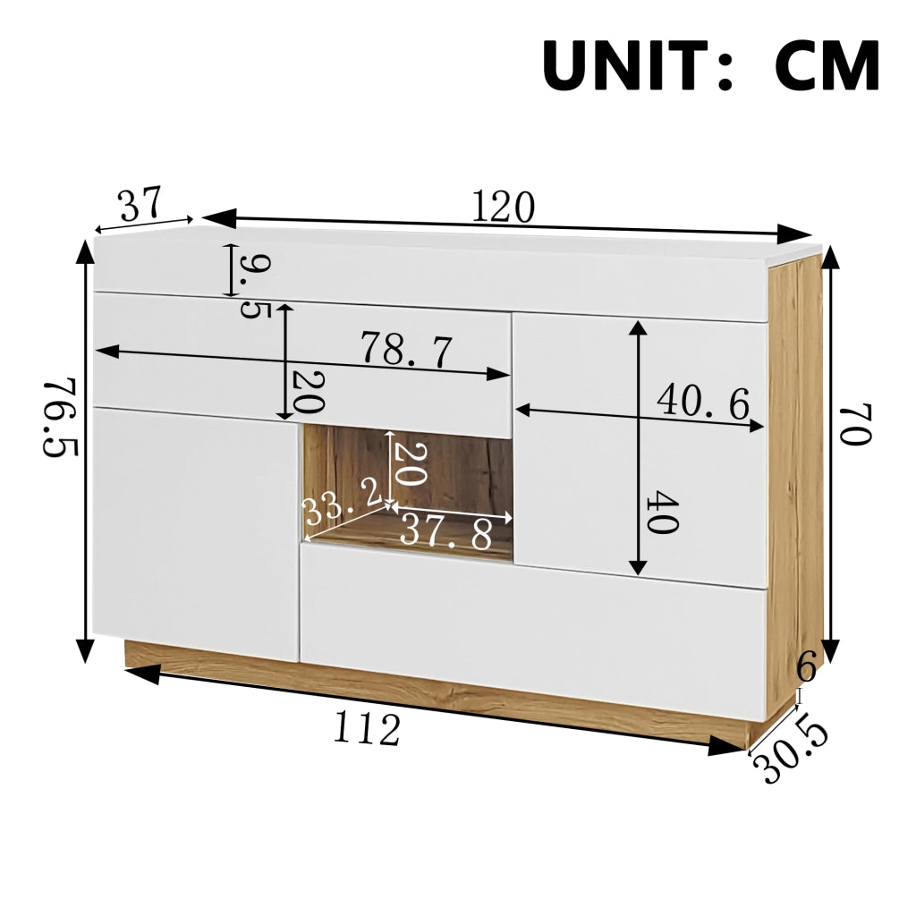Madia con 2 Ante; 2 Cassetti e 1 Vano a Giorno; LED 16 Colori con App; Bianco Lucido ed Effetto Legno; 120??37??76;5 cm