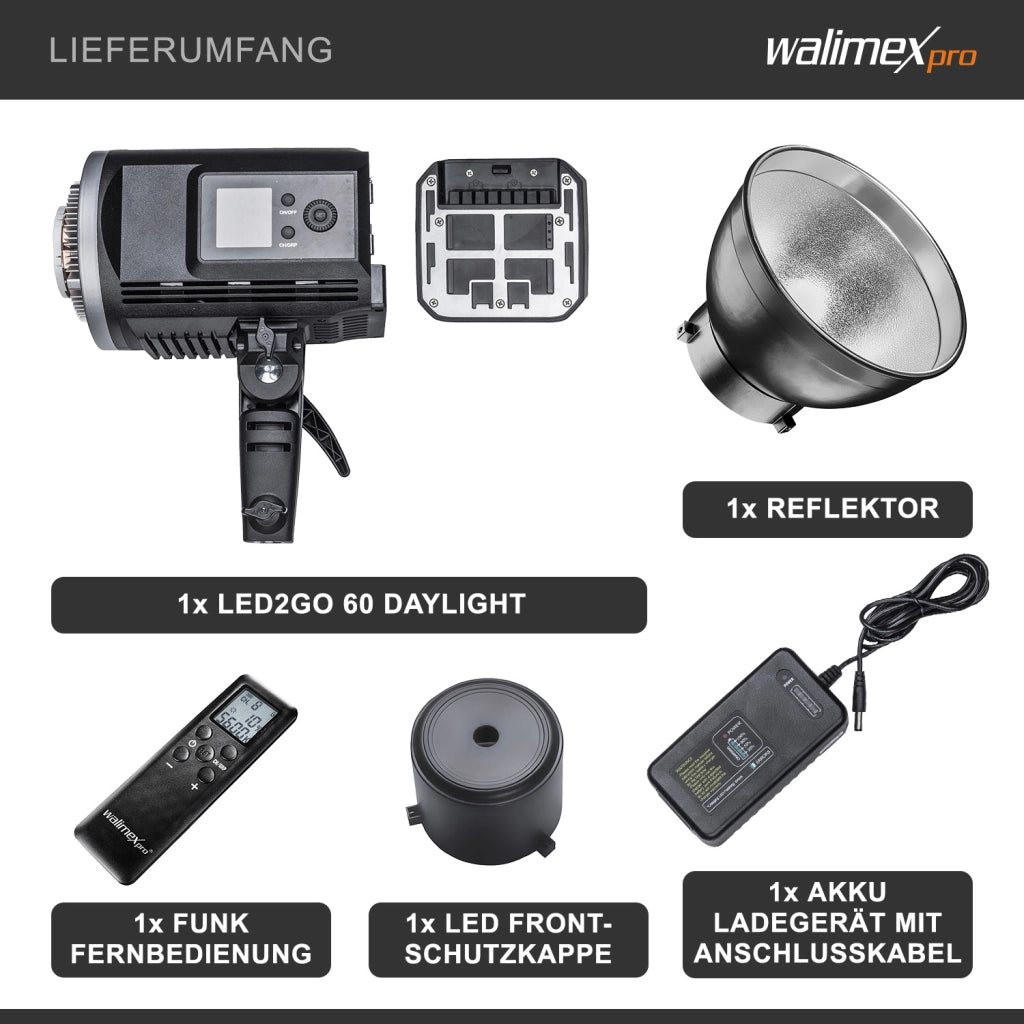 LED2Go 60 Faro per fotografia 60 W Luce LED fotografica con batteria, per foto e video, attacco Bowens tipo S, tecnologia COB
