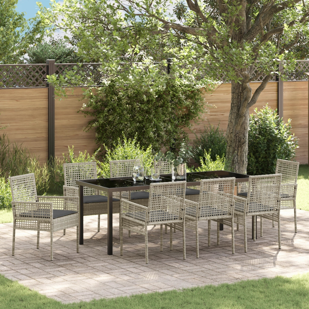 Set da Pranzo da Giardino di 9 Pezzi con Cuscini Grigio Chiaro in Rattan Polietilene