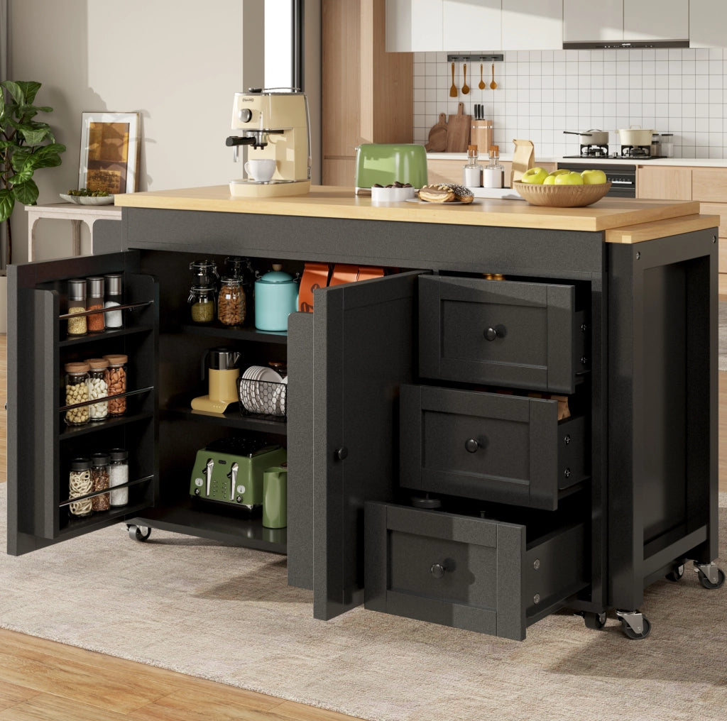 Isola da cucina mobile estensibile nera con 3 cassetti