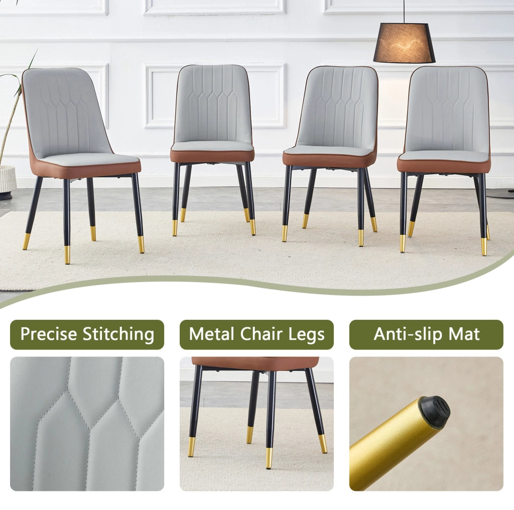 Set di 2 sedie da pranzo moderne in PU bicolore grigio chiaro e marrone; gambe nere in metallo