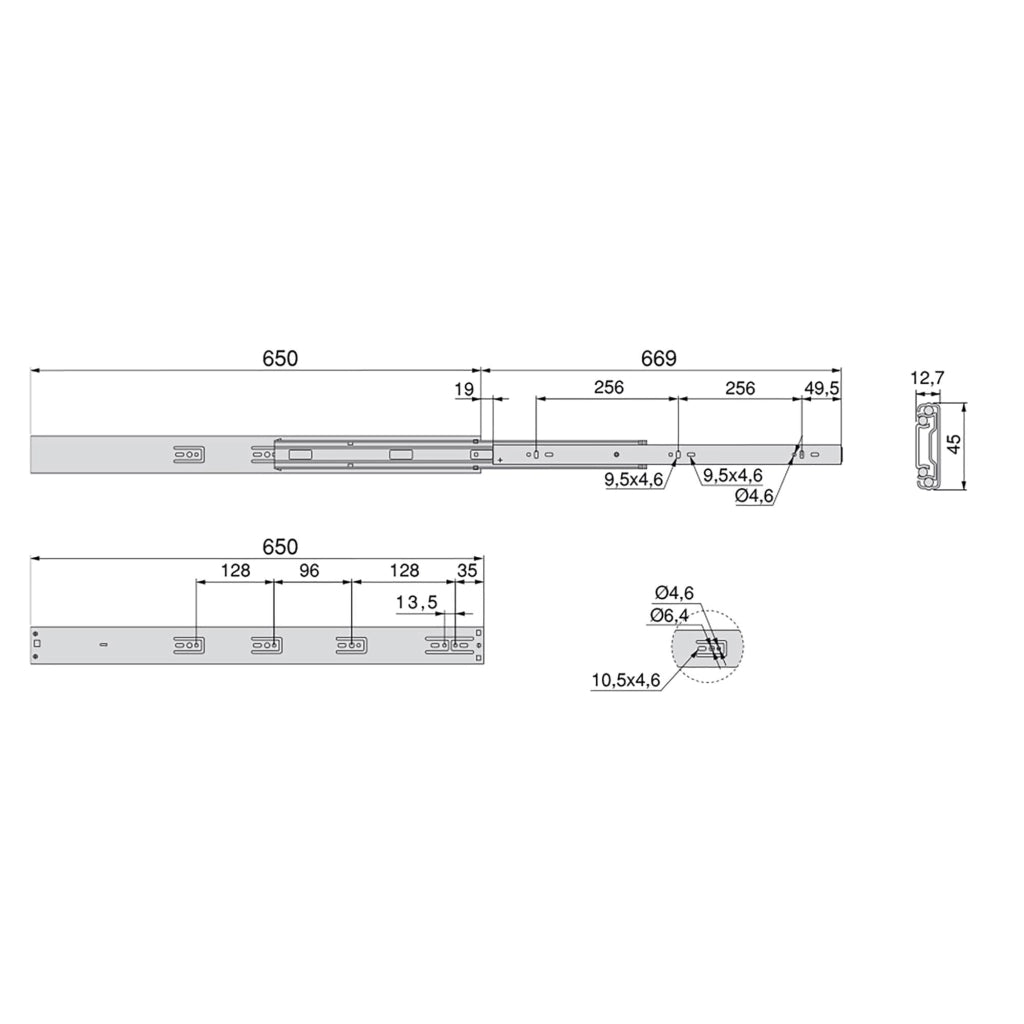 Kit Guide per Cassetti a Sfera 45 x 650 mm Estrazione Totale Chiusura Soft Zincato 5 Pezzi Emuca