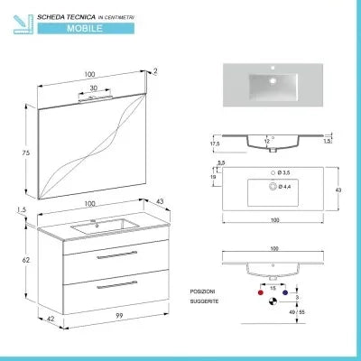 Mobile bagno sospeso 100 cm Smart olmo con lavabo e specchio