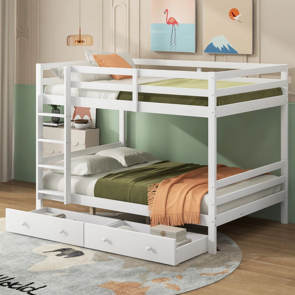 DESMIU Letto a castello 140 × 200 cm 2 posti con contenitore, scala, con materasso, in pino e MDF, bianco