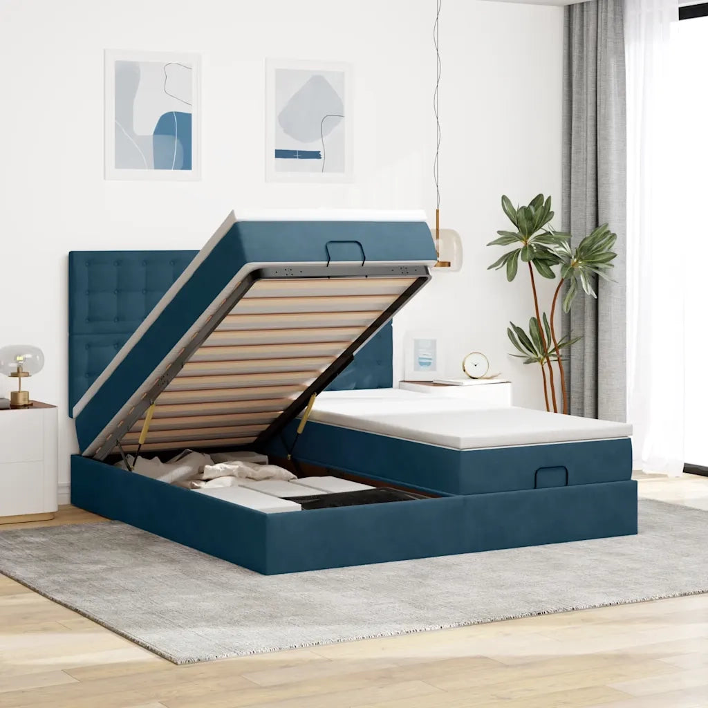 Pouf Letto con Materassi e LED Blu Scuro 200x200cm Velluto