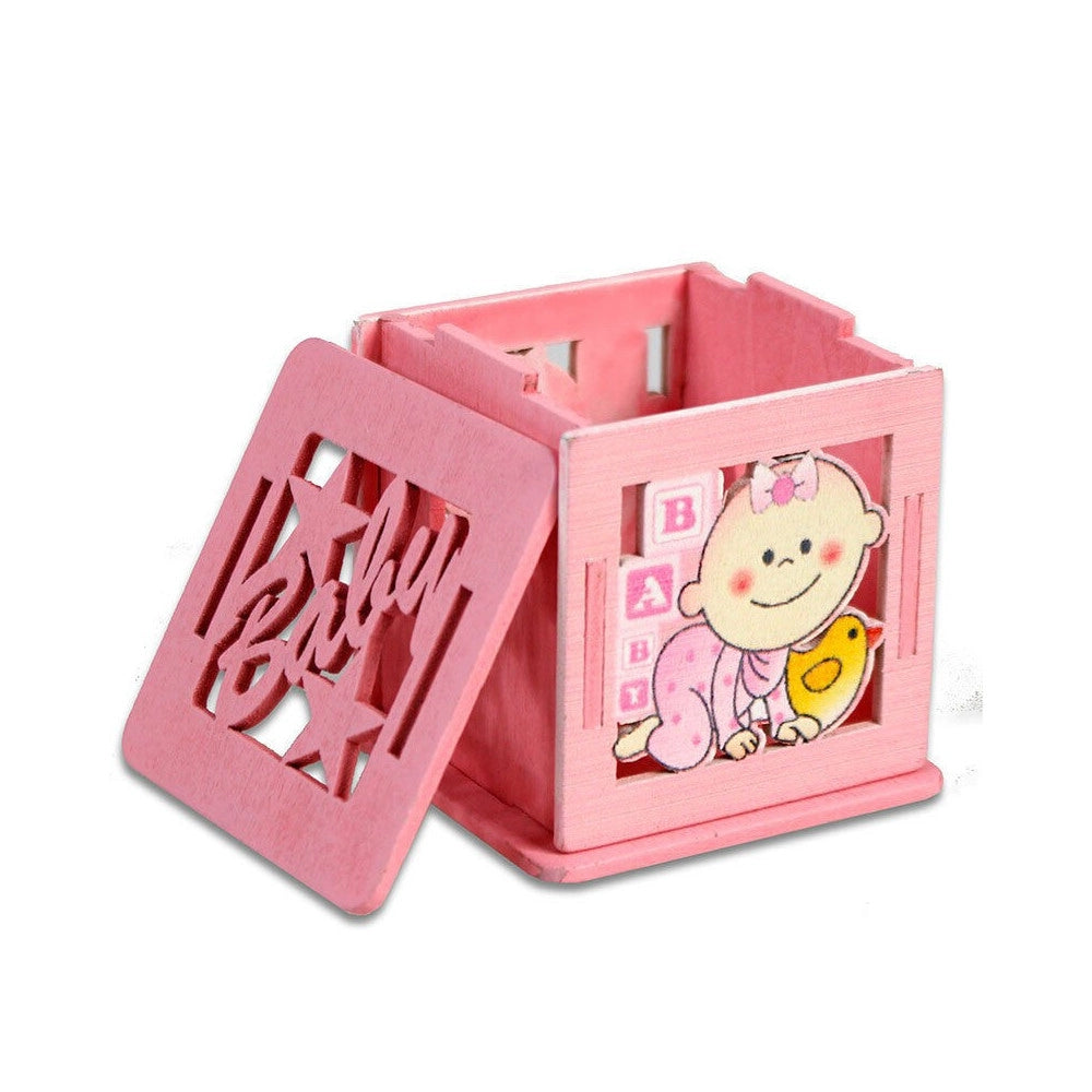 Trade Shop - 12 Scatolina Porta Confetti In Legno Bomboniera Nascita Battesimo Rosa Femmina -