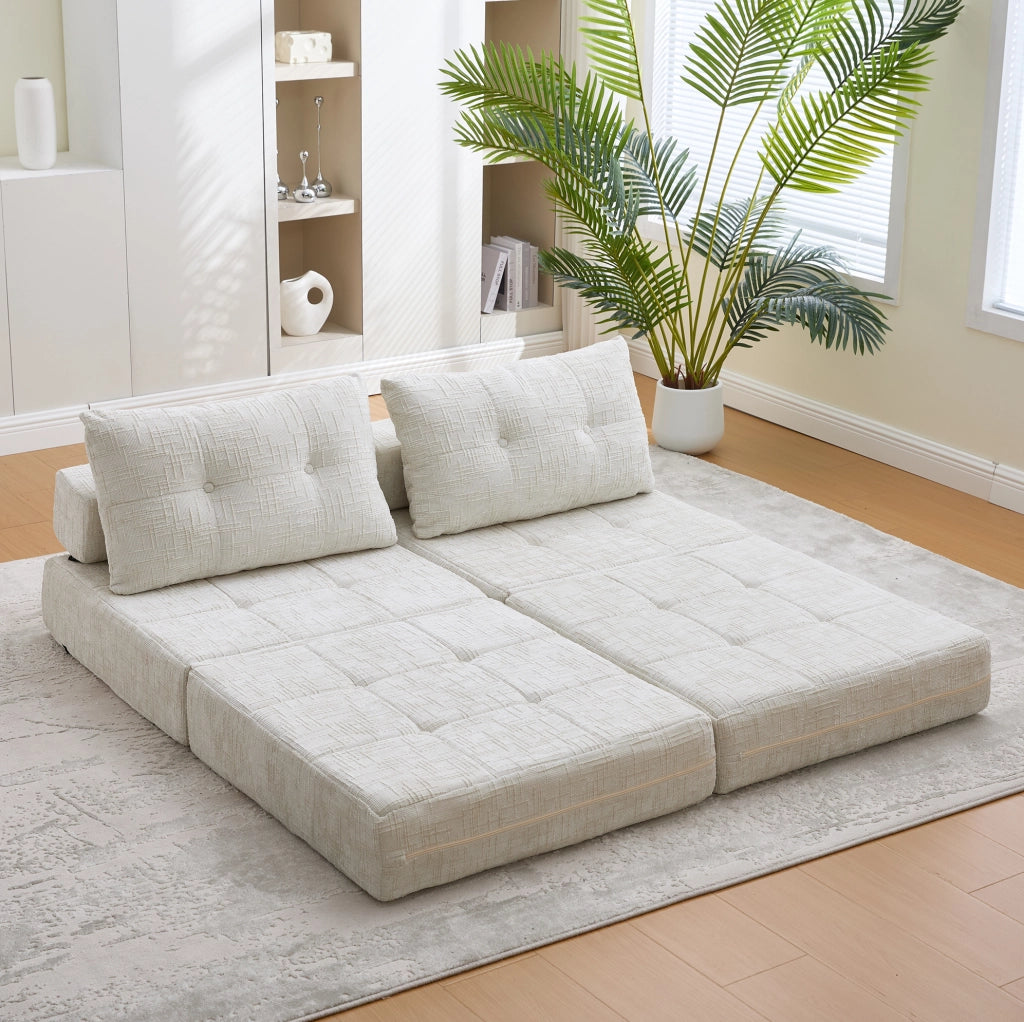 Divano letto pieghevole in ciniglia beige con cuscini; 79 x 180 cm