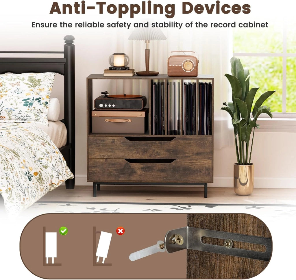 Supporto per giradischi, in vinile con scomparti aperti, 4 divisori, gambe in metallo e cassetto, supporto per dischi in legno, per sala musica e soggiorno (marrone)