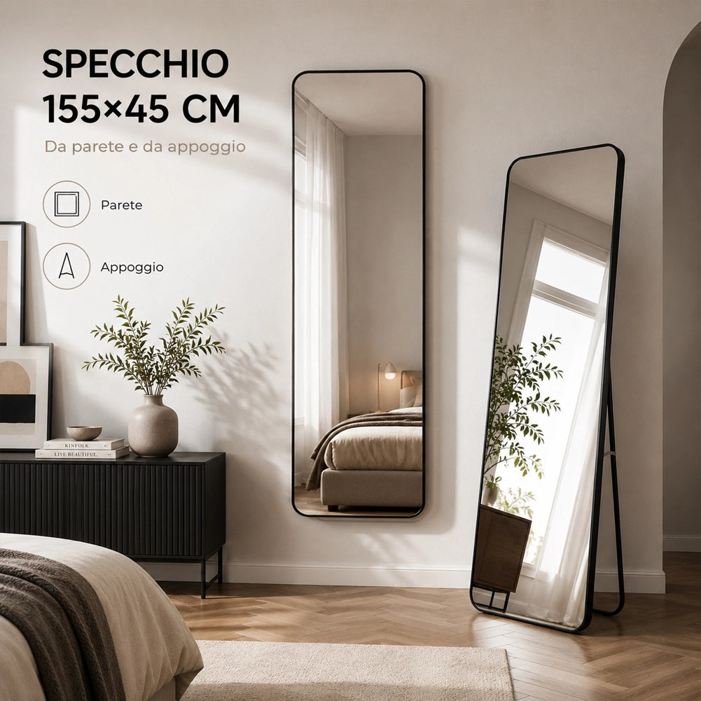 Specchio da Terra e da Muro Rettangolare Nero Decorazione Interni 155x45 cm