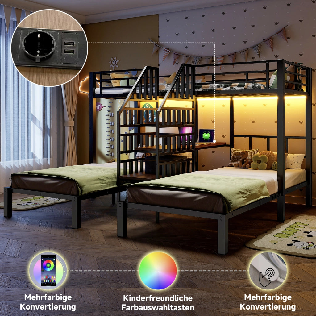 DESMIU Letto a castello 90 × 200 cm 3 posti con LED, scrivania, mensola e 2 porte USB e presa, senza materasso, nero