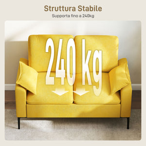 Divano 2 Posti Design Moderno 130x77x84 cm con Cuscini Rivestimento in Tessuto Spugna Giallo