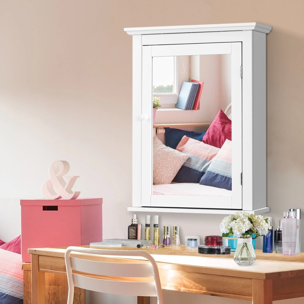 Mobiletto da bagno con anta specchio ripiano regolabile-Armadietto dei medicinali a parete 56x14x69cm Bianco