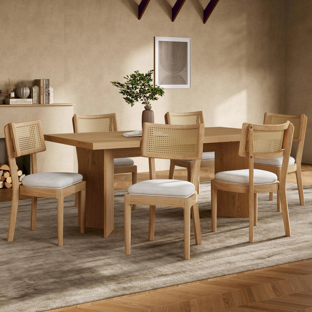 Set di 2 sedie da pranzo in legno massello con schienale in rattan e cuscino in lino, stile moderno, colore legno