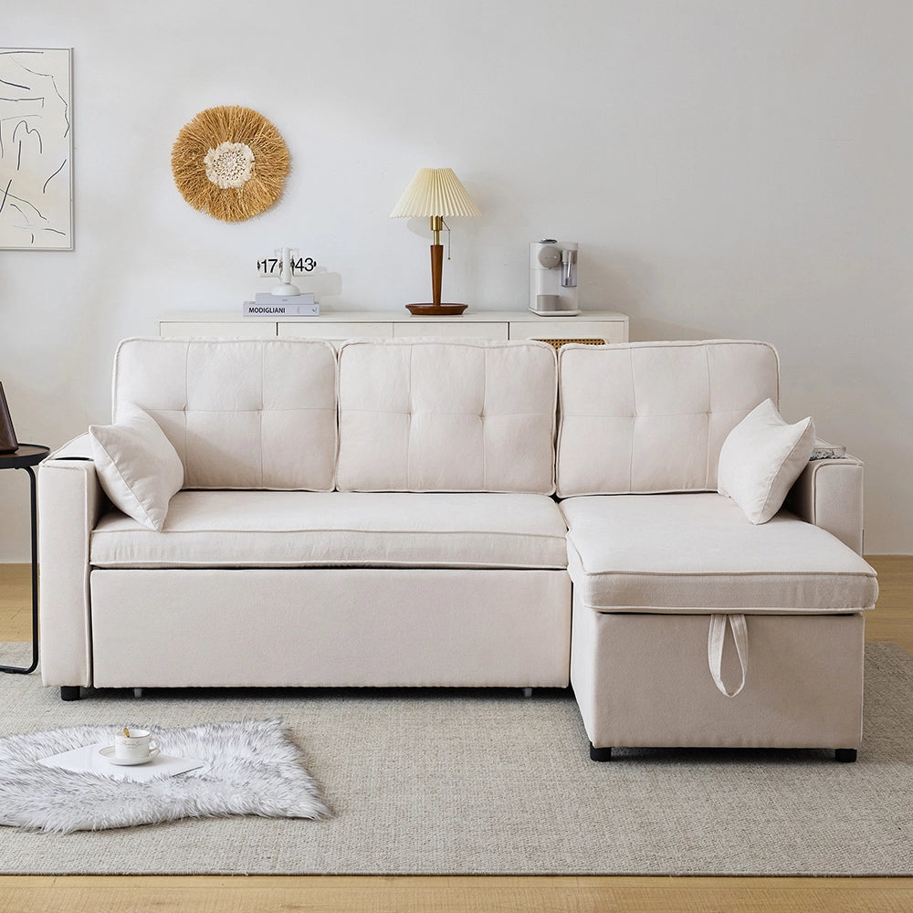 Canap?? letto angolare 3 posti - Xylo - Con spazio di archiviazione e porta bevande, colore beige