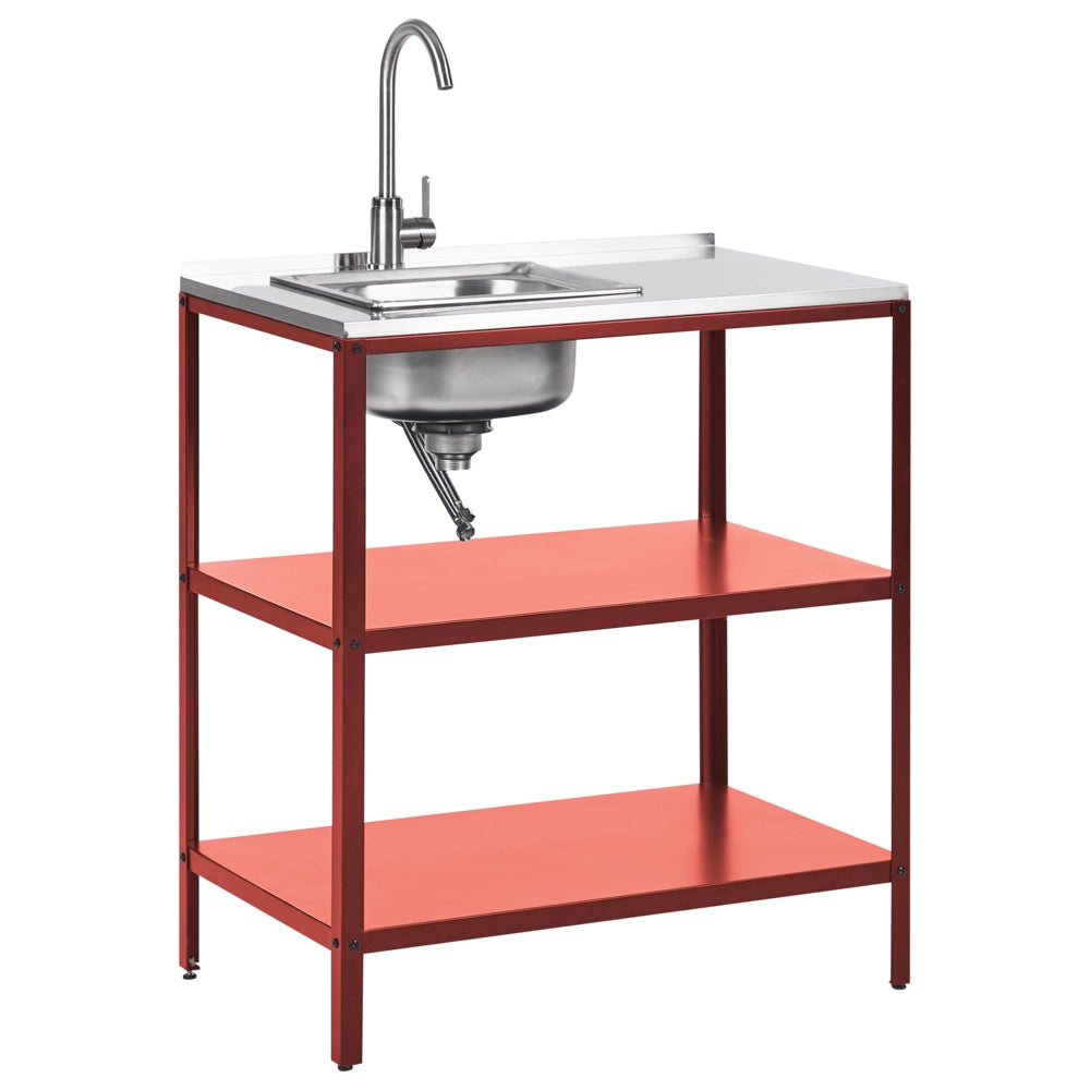 Isola da cucina da esterno con lavello Rosso Acciaio inossidabile 80 x 50 x 92 cm Rubinetto monocomando 2 ripiani Piano da cucina da giardino