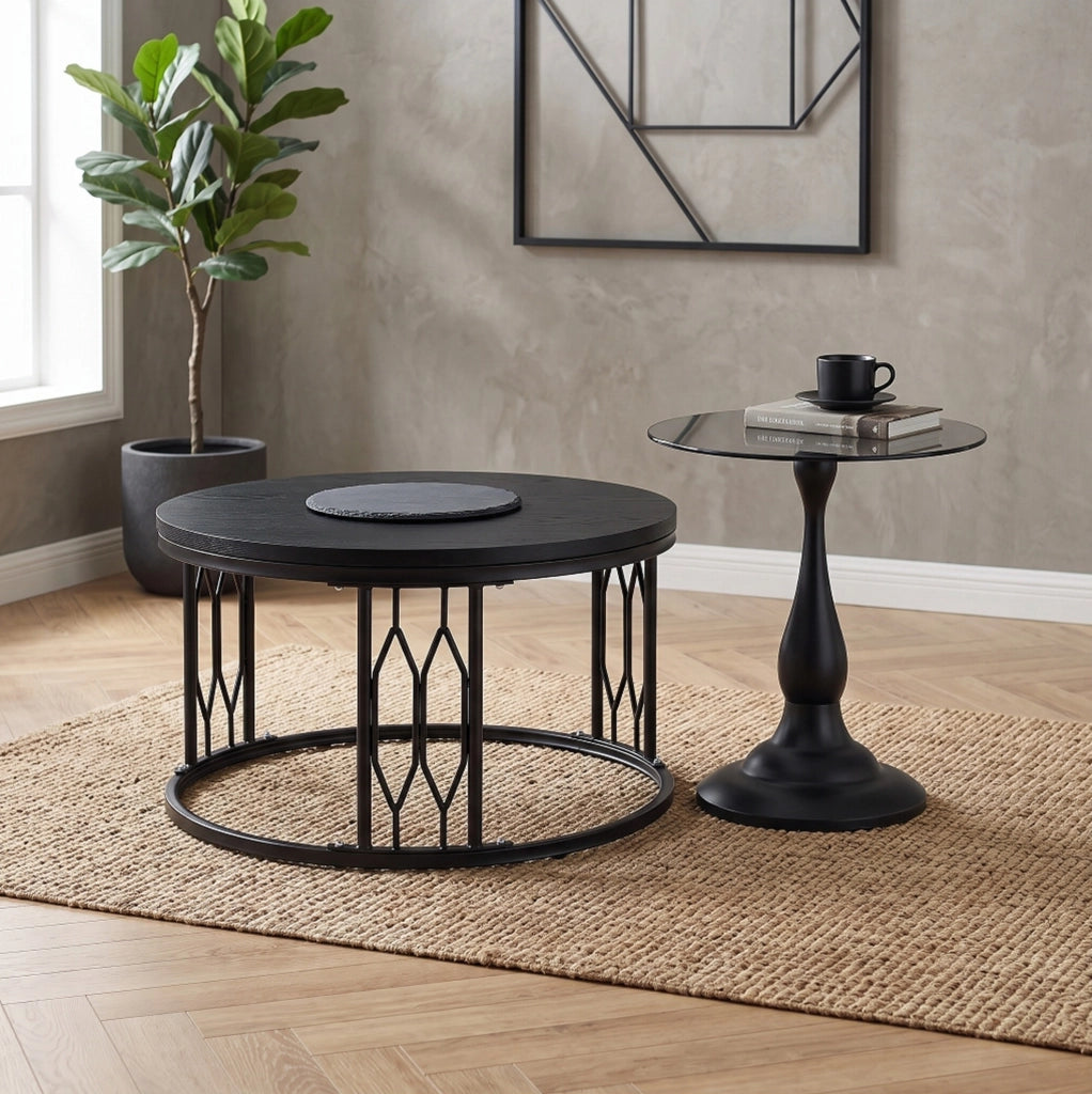 Tavolino da caffè rotondo ?70 cm in MDF effetto legno e metallo nero