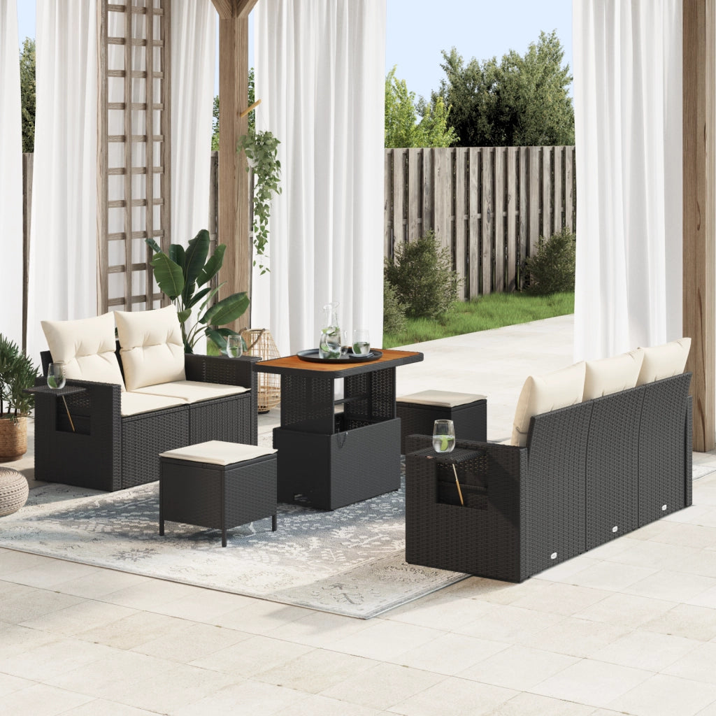 Set Divano da Giardino  8 Pezzi con Cuscini Neri Polyrattan Acacia