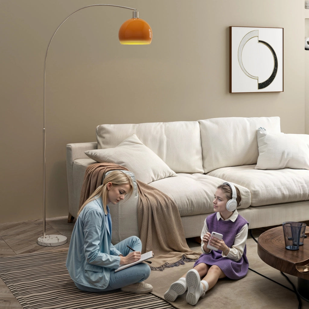 Lampada da Terra ad Arco 26x90x180 cm con Interruttore a Pedale e Base in Marmo Bianco e Arancione
