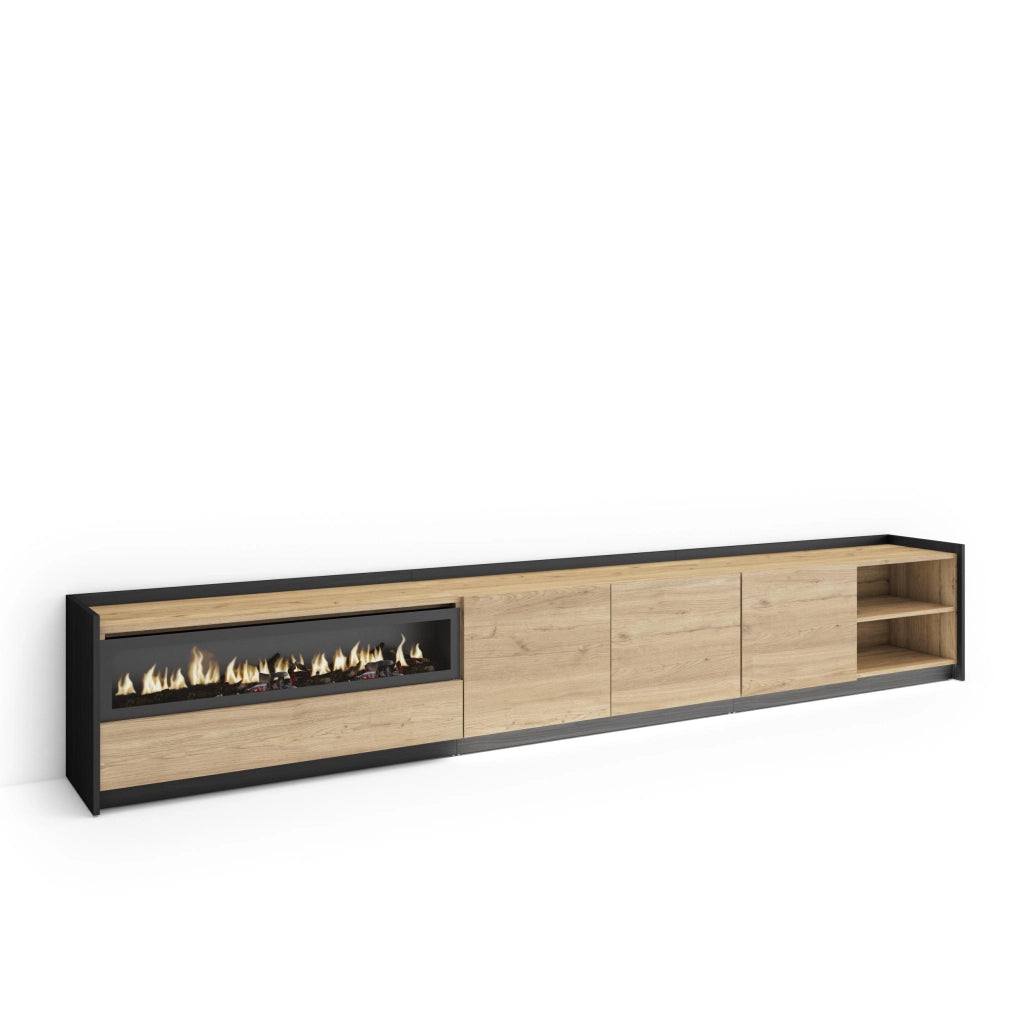 Mobile TV Soggiorno, 310x50x37 cm, Per TV fino a 80", Camino elettrico, LED, Rovere e nero