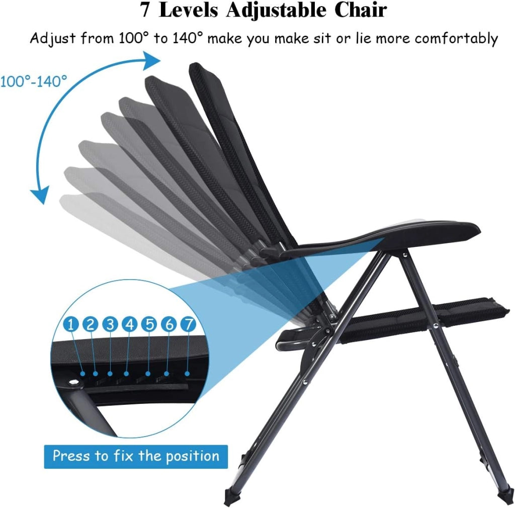 Set di 2 sedie pieghevoli per giardino, sedie con schienale regolabile, supporto ergonomico e cuscino per seduta in spugna, sedie da pranzo per patio, giardino, nero (Nero)