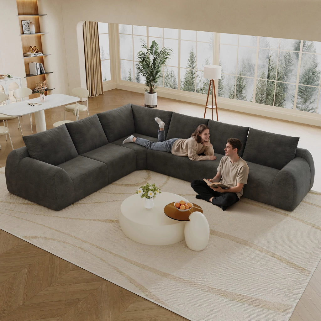 Divano angolare compresso con schiuma elastica senza montaggio rivestimento in tessuto chenille grigio scuro