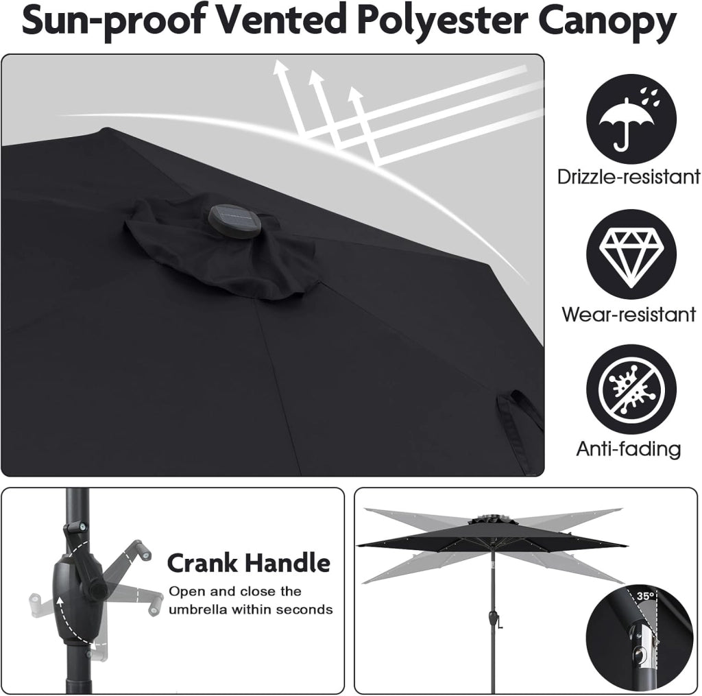 Ombrellone da Giardino con LED 230 cm, Ombrellone da Spiaggia Inclinabile e Portatile, con 6 Aste e Manovella in Metallo, Anti UV, da Esterno per Patio, Piscina, Mercato, Terrazzo