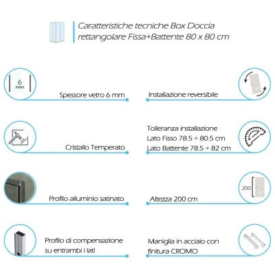 Box doccia angolare 80x80 cm con porta battente in cristallo trasparente Ted