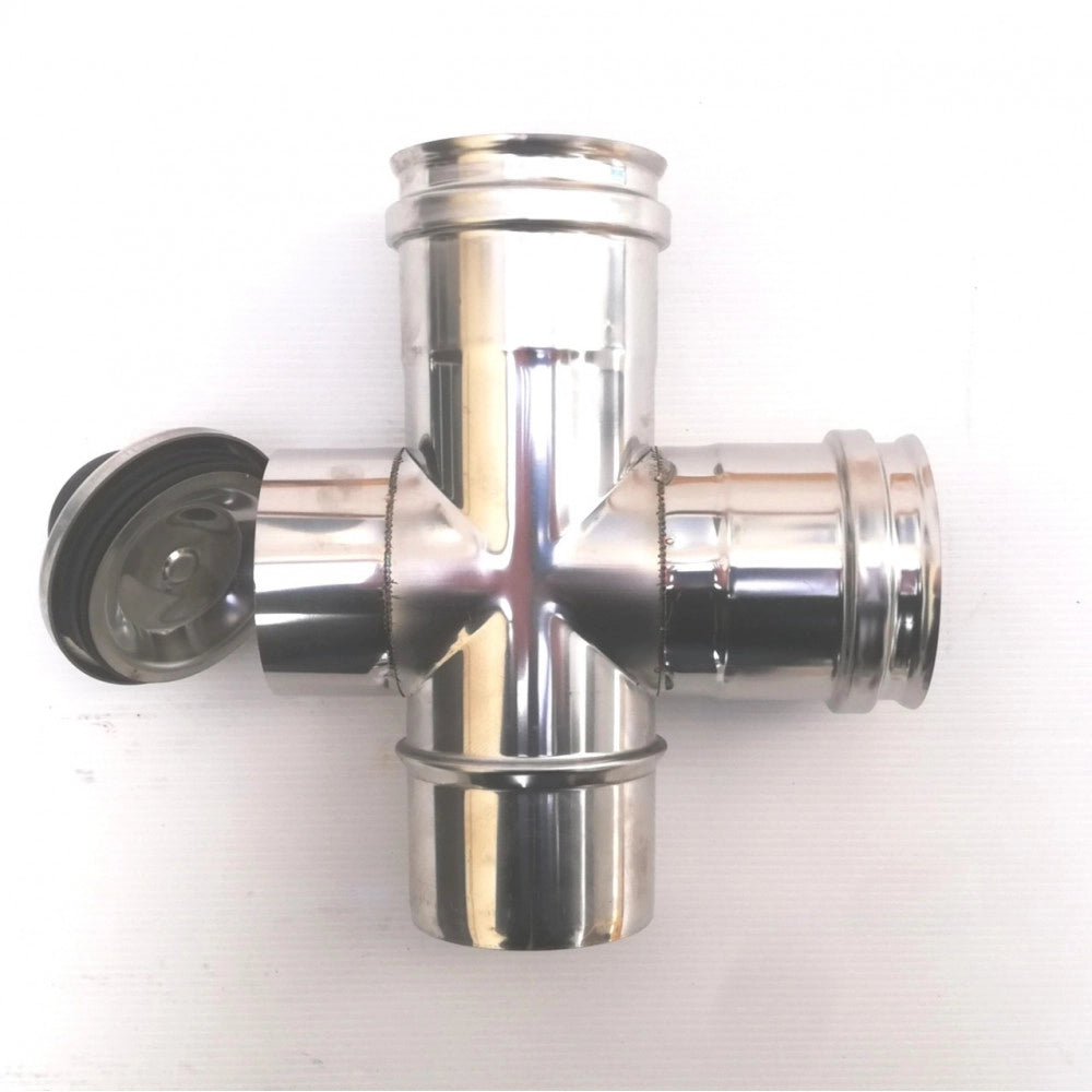 Raccordo a t da 80mm in acciaio inox croce con ispezione 5 decimi aisi 304