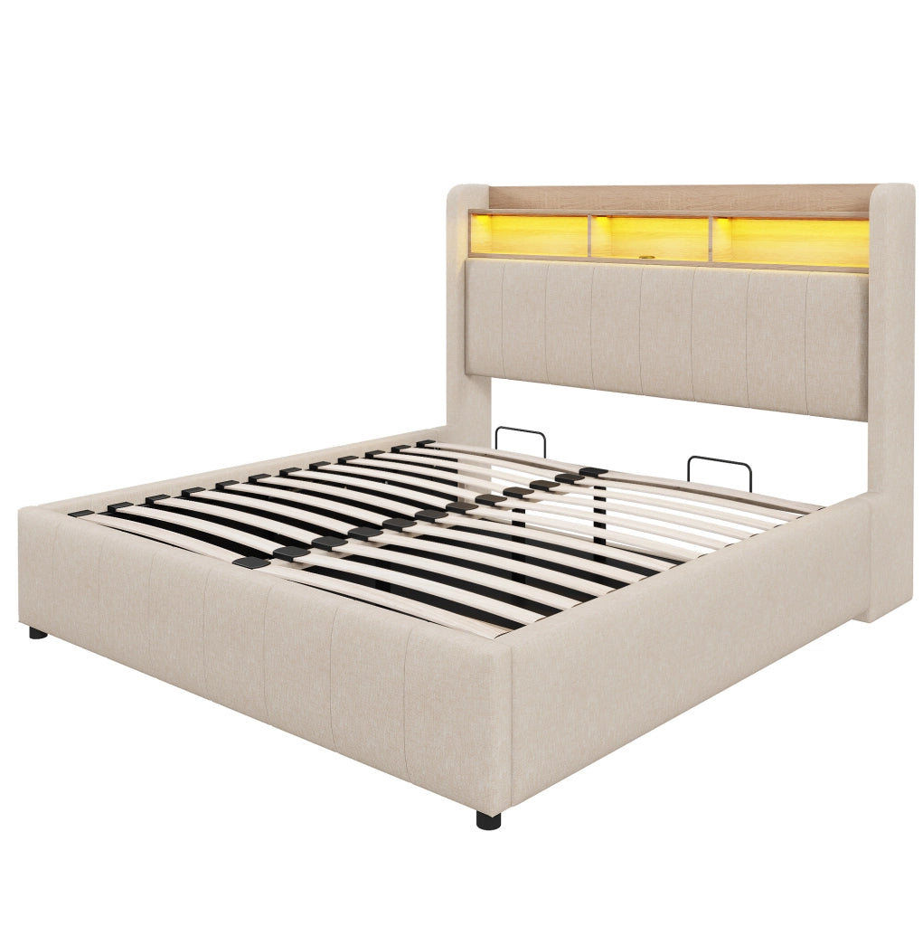 Letto matrimoniale imbottito 140x200 cm con LED; USB e contenitore idraulico; beige