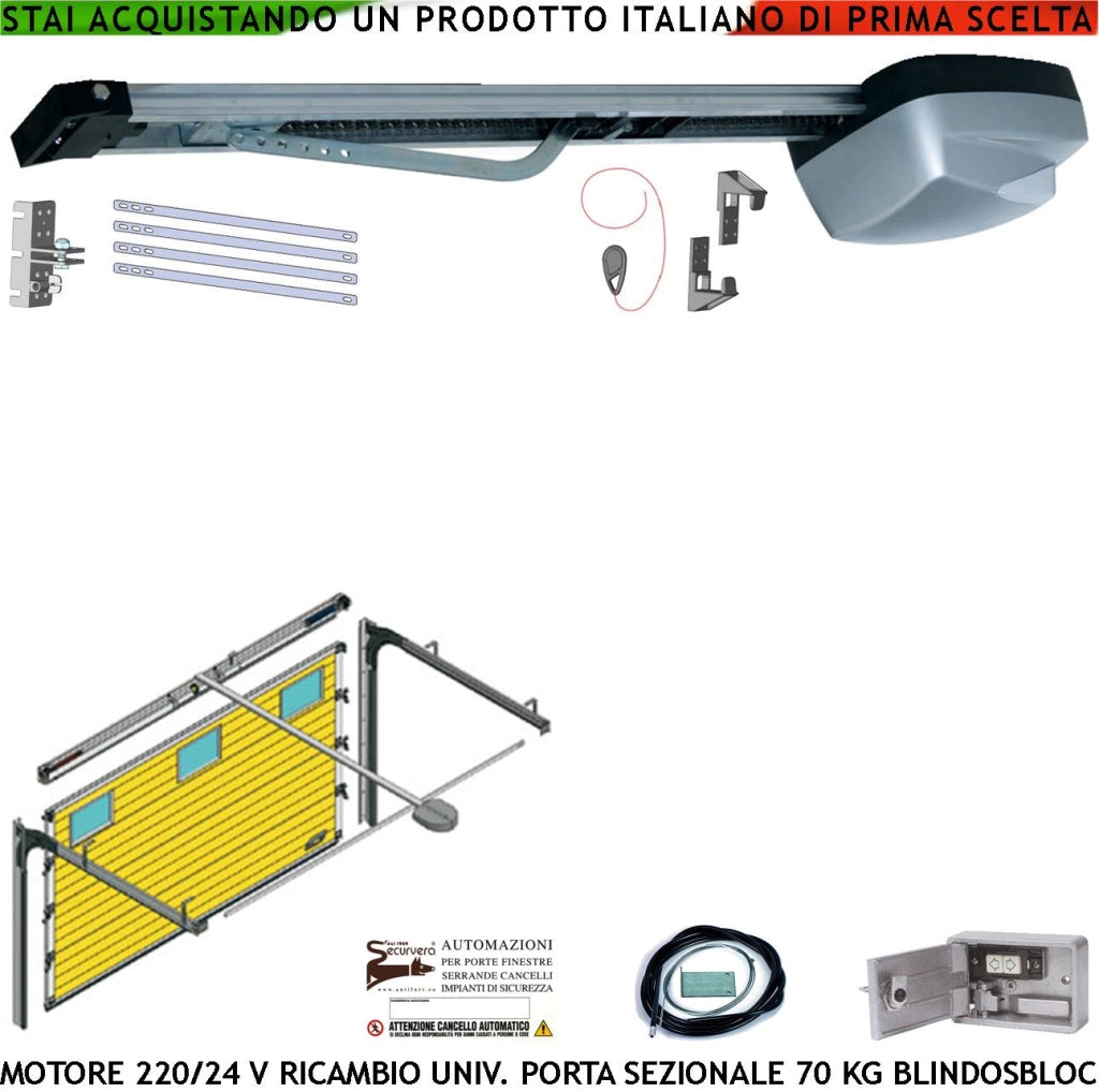 Ricambio Automatismo x Porta Sezionale 70 Kg Kit Motore 220/24 V da Soffitto Radiocomando Binario 3 MT Catena Acciaio Sistema Autoblock Blindino Cordino Per Sblocco Pattino di Traino Luce di Cortesia