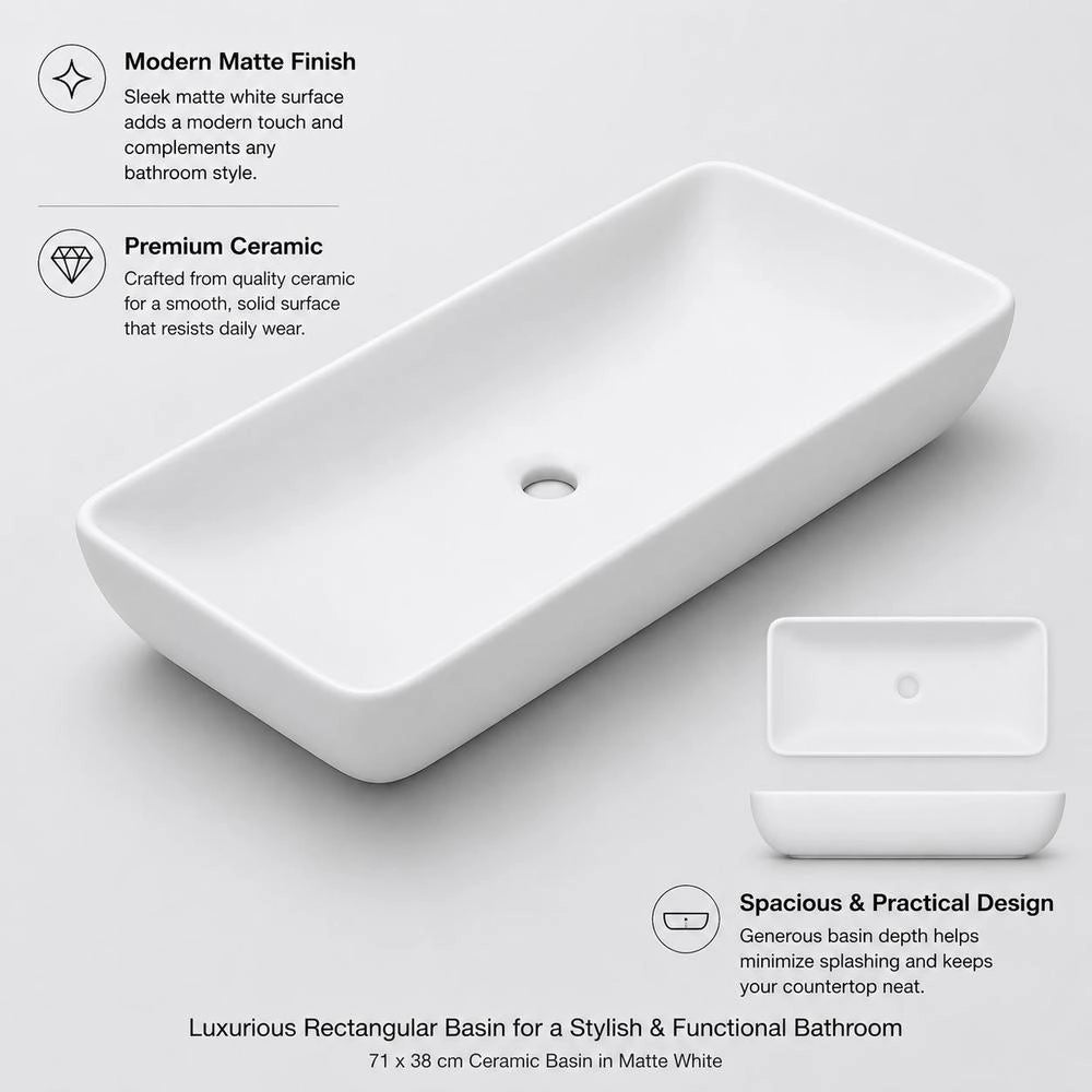 Luxury Rectangular Washbasin, Matte White, 71x38 Cm, Ceramic