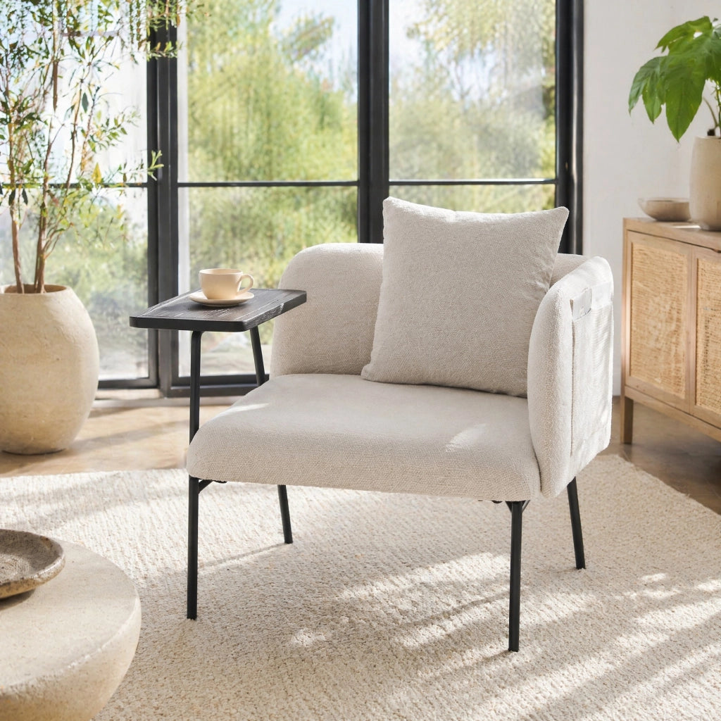 POLTRONA con tavolino laterale e tasche laterali 86x72x71 cm Beige Chenille