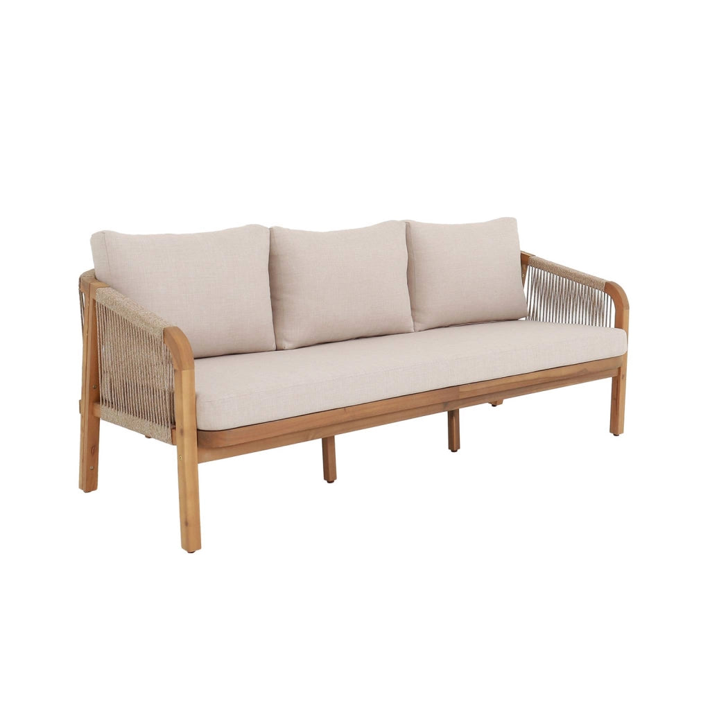Divano da esterno in legno di acacia e corde, 3 posti, beige
