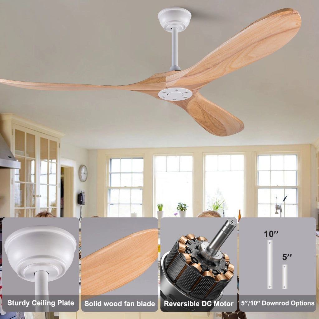 Ventilatore da soffitto 52 pollici, 3 pale legno, design ad elica, funzione memoria, telecomando, finitura noce, per terrazze e soggiorni