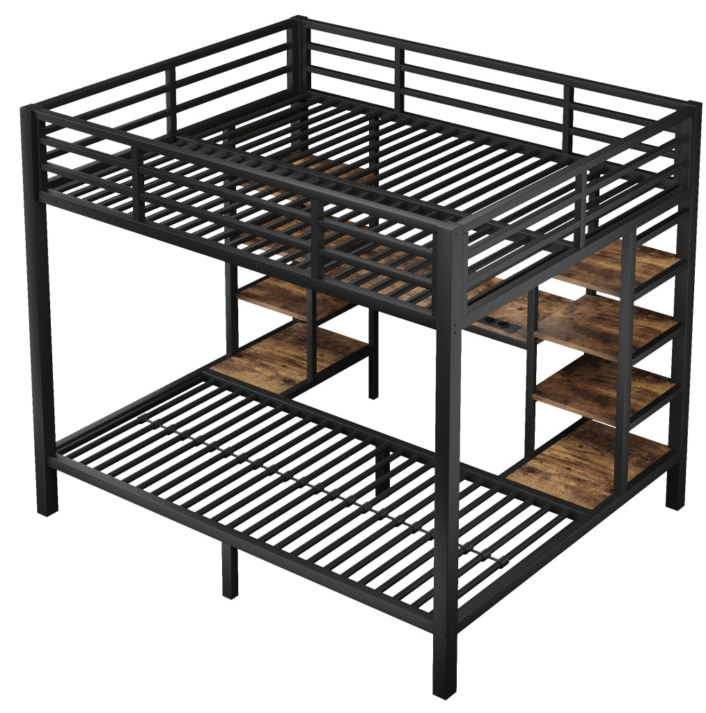 Letto a castello ULEVR 90x200 e 140x200 cm con LED, porte USB, Type-C e presa, ripiani aperti, nero