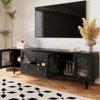 Mobile Porta TV in Stile Retro con Maniglie Dorate, Ampio Spazio di Stoccaggio, Porta in Vetro e Gambe in Legno Massello, 175x38x55,5 cm, Nero