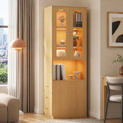 Libreria alta e stretta 60x40x200 cm effetto rovere, vetrina in vetro temperato, LED multicolore, 3 cassetti, reversibile