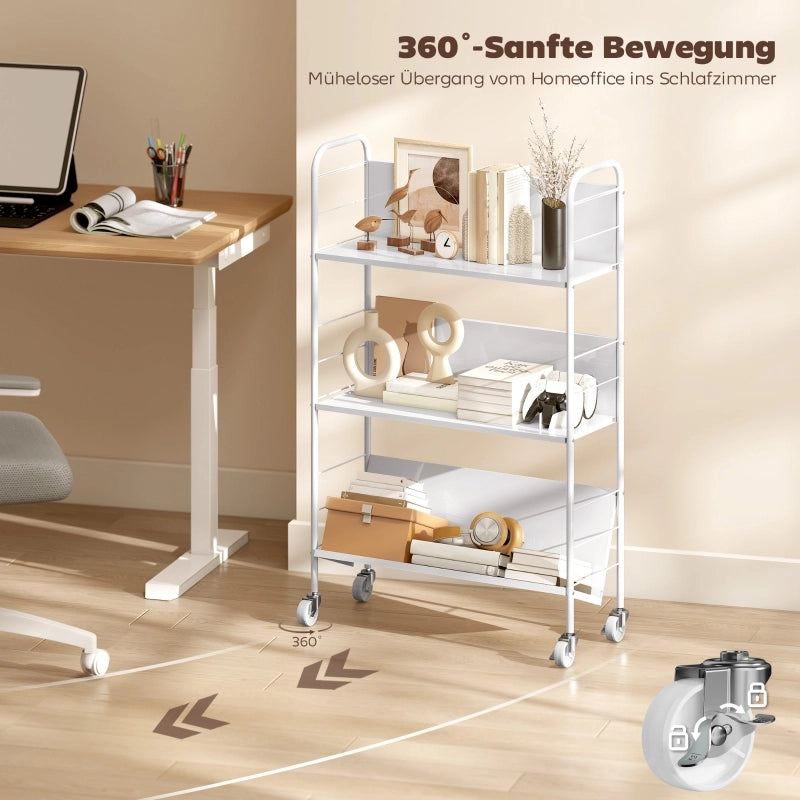 Libreria a 3 livelli con ruote, struttura in metallo, 69 x 26 x 108 cm, bianco