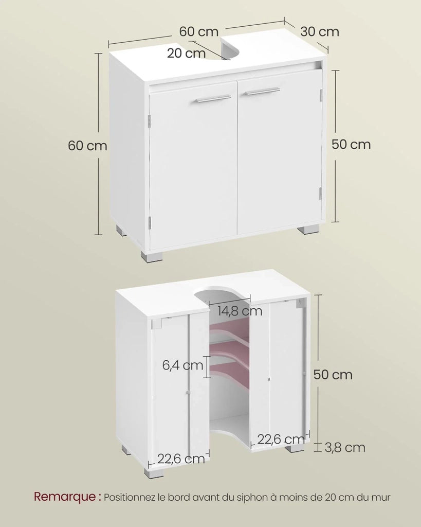 Mobile lavabo da bagno con 2 vani dietro le ante per vari tipi di lavabo con gambe 30 x 60 x 60 cm bianco 12_0006535
