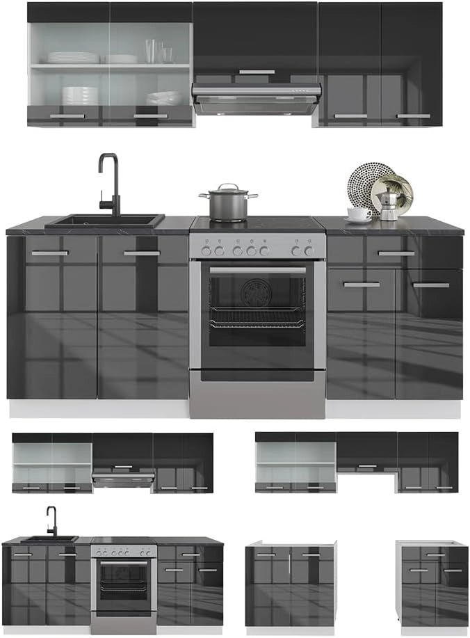Cucina componibile R-Line, Antracite lucido/bianco, 200 cm, PL Rovere, adatto per l'espansione individuale con moduli aggiuntivi